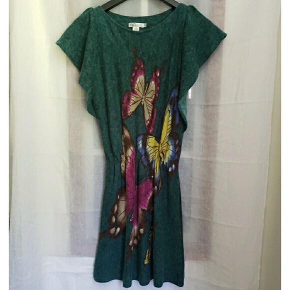 Boho Butterfly Mini Dress Green Felt Like Material Women Size M Looks Very Small - Picture 1 of 12